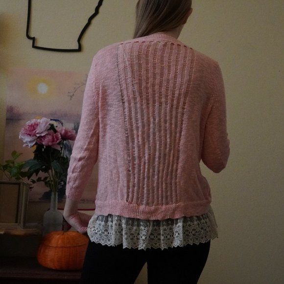 Cotton Blende Peach Orange Lace Edge Lightweight Layering Sweater - Picture 2 of 4